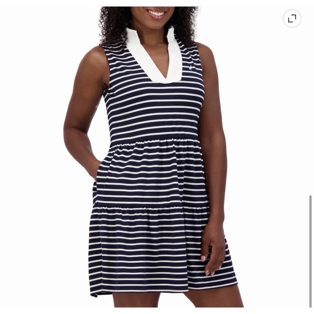 Nautica Jeans Womens Tiered Dress Navy White Striped Sleeveless Polo V-Neck M